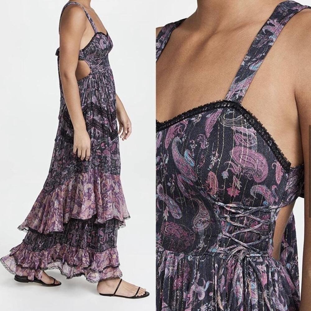 Rococo Sand Nott Sweetheart Tiered Metallic Purple Paisley Maxi Dress Size S - Picture 3 of 14